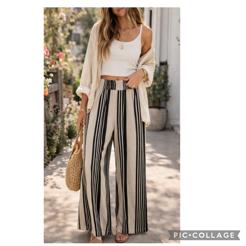 CIDER SILKY SMOOTH STRIPE HIGH WAISTED WIDE LEG PALAZZO PANTS
